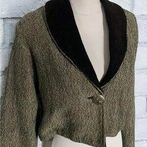 Vintage taupe brocade cropped single button cotton blazer jacket M RR1n